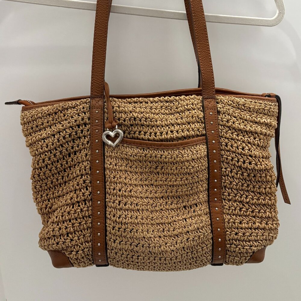 Brighton Tan Straw Woven Shoulder Bag with Brown Leather Trim